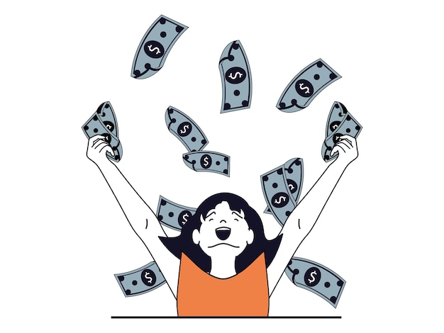Concept de finance avec situation de caractère Une femme heureuse reçoit beaucoup de billets d'argent qui volent autour d'une récompense de gagnant riche ou d'un paiement de salaire Illustration vectorielle avec scène de personnes au design plat pour le web