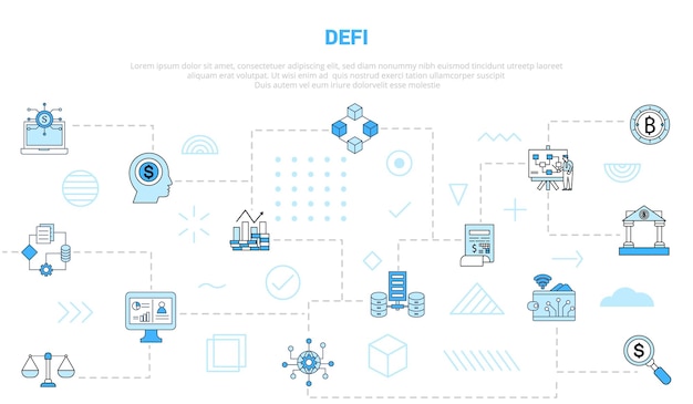 Concept De Financement Décentralisé Defi Avec Bannière De Modèle De Jeu D'icônes Avec Un Style De Couleur Bleu Moderne