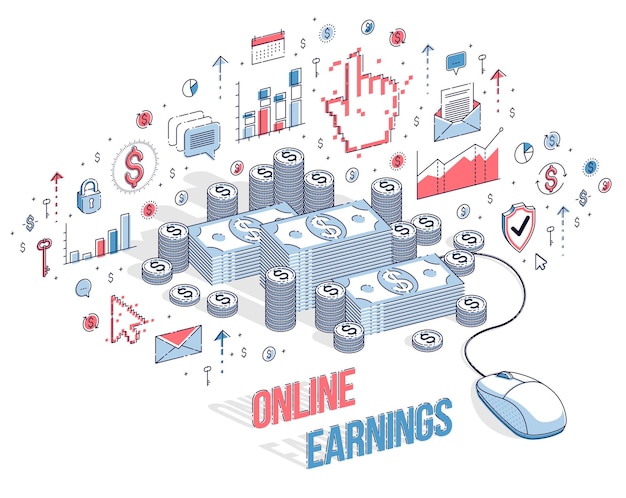 Concept De Financement En Ligne, Paiements Web, Revenus Internet, Services Bancaires En Ligne, Piles D'argent Avec Souris D'ordinateur. Illustration De Finance Vectorielle 3d Isométrique Avec Icônes, Graphiques De Statistiques Et éléments De Conception.