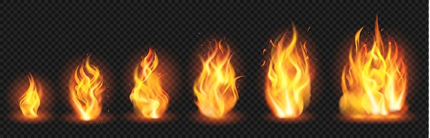Concept de flamme réaliste. Flaring fire blaze, diverses tailles de flammes brûlantes, ensemble d'illustrations de plus en plus de flammes de feu de forêt. Blaze burn, hot flamboyant, feu de joie s'enflammer transparent