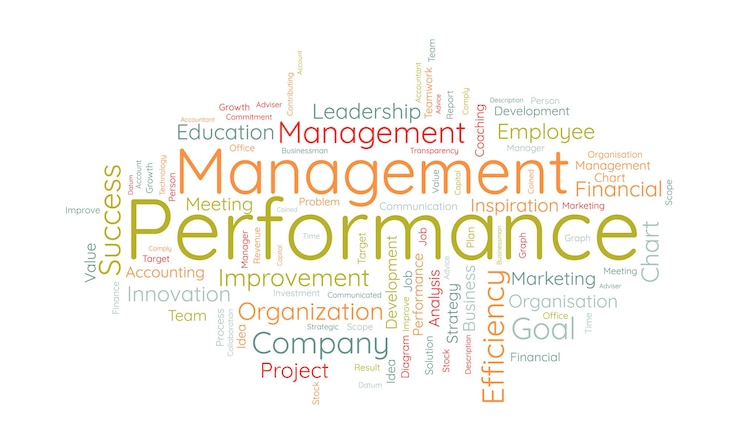 Vecteur concept de fond de nuage de mots pour la gestion de la performance stratégie de progrès de l'engagement des employés de l'illustration vectorielle de l'efficacité du coaching d'entreprise