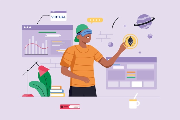 Concept de fond violet de réalité virtuelle avec scène de personnes dans la conception de dessin animé plat Guy passe son temps libre dans la réalité virtuelle à jouer à des jeux Illustration vectorielle
