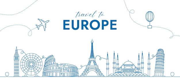 Vecteur concept de fond de voyage avec les monuments de l'europe pour la bannière publicitaire et bien plus encore