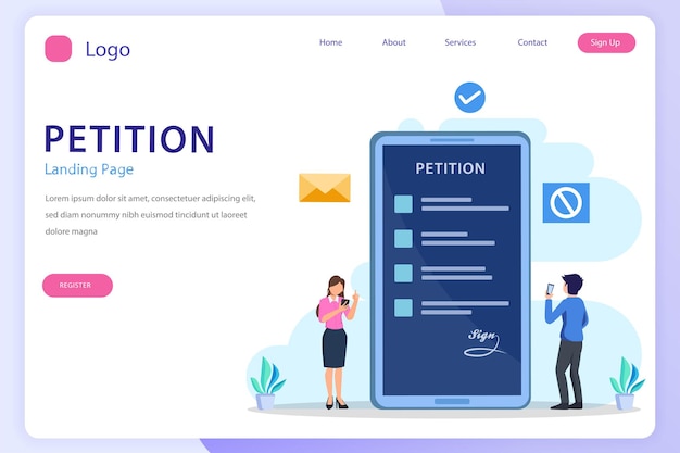 Concept de formulaire de pétition Personnes signant et diffusant une pétition ou une plainte vecteur plat