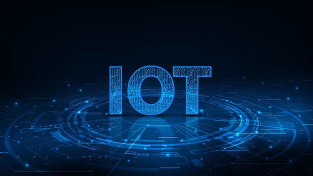 Le concept futuriste de l'Internet des objets (IoT) est un réseau informatique en nuage de grandes données sur un fond bleu foncé.