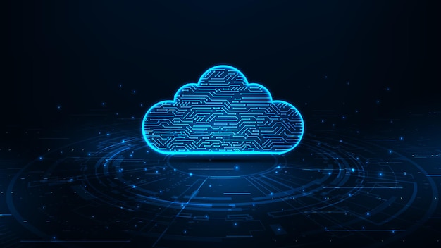 Concept futuriste de technologie de stockage de cloud computing Un grand réseau de données sur un fond bleu foncé