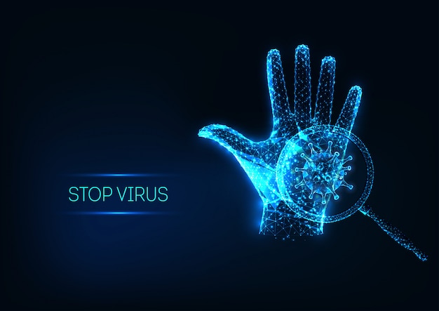 Concept futuriste de virus CORONA stop avec une main humaine polygonale rougeoyante et une cellule virale