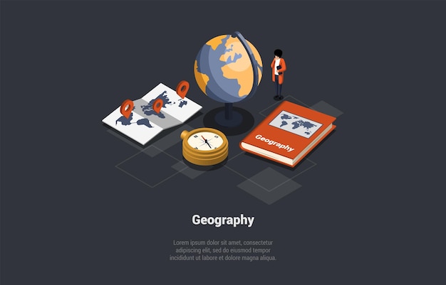 Concept De Géographie étudier Le Sujet éducation Et Science Enseignant De Personnage Masculin Debout Près D'un Atlas De Boussole De Globe énorme Avec Carte Du Monde Et Balises Livre Illustration Vectorielle De Dessin Animé 3d Isométrique