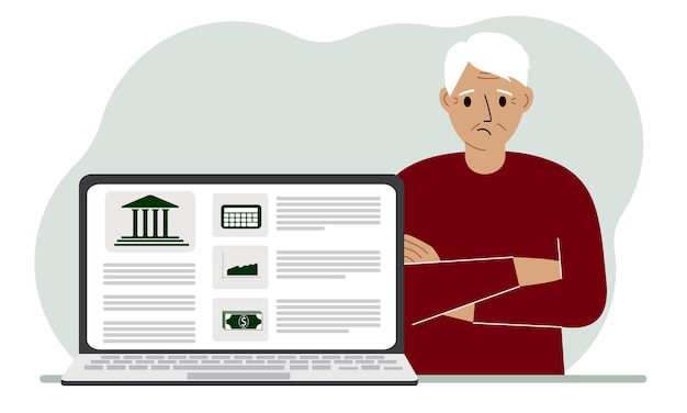 Concept de gestion de compte bancaire de dépôt d'argent de paiement de facture à partir d'un ordinateur portable ou d'un site informatique Grand-père avec ordinateur portable et site Web de la banque