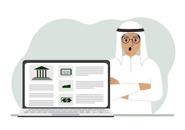 Concept De Gestion De Compte Bancaire De Dépôt D'argent De Paiement De Facture à Partir D'un Ordinateur Portable Ou D'un Site Informatique Homme Arabe Avec Ordinateur Portable Et Site Web De La Banque