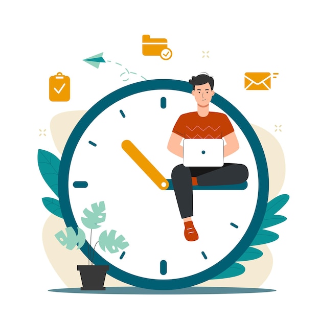 Concept de gestion du temps avec homme assis sur l'illustration de l'horloge