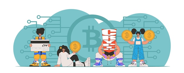 Le concept de gestion de l'interaction avec les actifs monétaires numériques, un groupe de personnes interagit avec Bitcoin