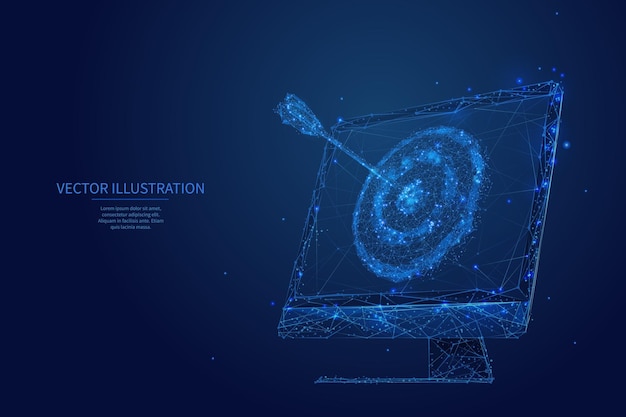 Vecteur concept de gestion en ligne cible polygonale avec une flèche sur l'écran ou l'affichage du moniteur pc