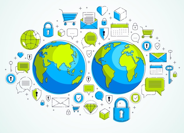 Concept global de connexion Internet, planète terre avec différents ensembles d'icônes, activité Internet, données volumineuses, communication globale, image vectorielle, les éléments peuvent être utilisés séparément.
