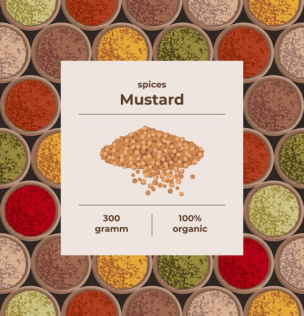 Concept De Grains De Moutarde Et De Poudre D'épices Pour L'emballage Des Condiments. Arrière-plan Transparent Et étiquette. Vec