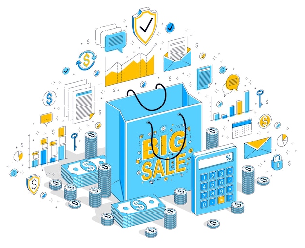 Concept De Grande Vente, Vente Au Détail, Vente, Sac à Provisions Avec Des Piles D'argent En Espèces Isolées Sur Fond Blanc. Illustration D'entreprise Isométrique 3d Vectorielle Avec Icônes, Graphiques De Statistiques Et éléments De Conception.