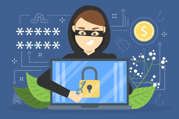 Concept de hacker. Voler des données numériques sur l'ordinateur. Système de dispositif d'attaque de voleur. Piratage sur Internet. illustration
