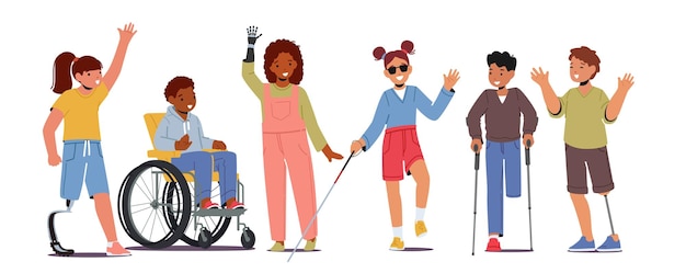 Vecteur concept de handicap enfants enfants handicapés personnages sur fauteuil roulant prothèse de jambe main bionique garçon utiliser des béquilles