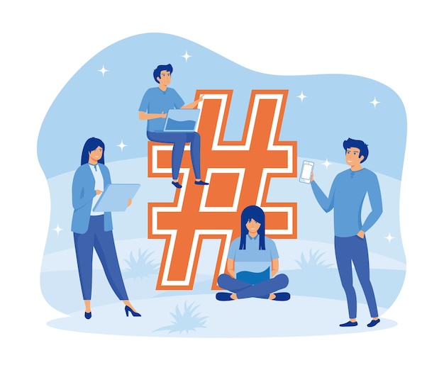 Le Concept De Hashtag, Les Gens Utilisant Un Ordinateur Portable Pour Envoyer Des Messages Et Les Partager Sur Les Médias Sociaux, Illustration Moderne à Vecteur Plat.