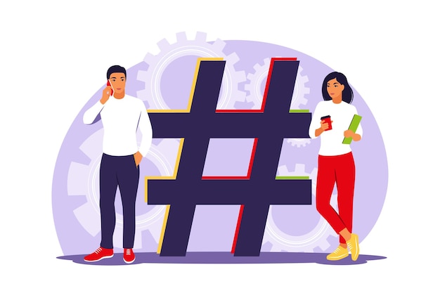 Concept De Hashtag Et De Médias Sociaux. Jeunes Avec Symbole Hashtag .. Plat Isolé.