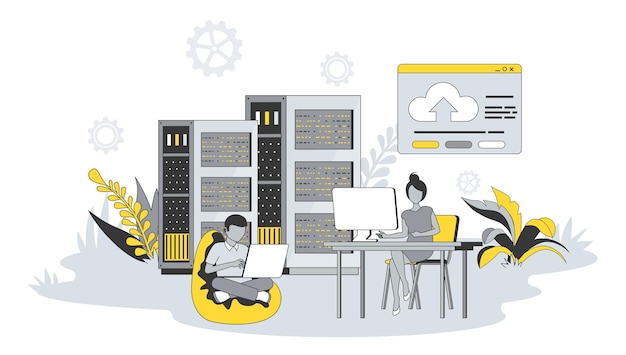Concept d'hébergement Web au design plat avec des personnes Homme et femme travaillant au serveur du centre de données à l'aide de l'administration de logiciels de technologie cloud Illustration vectorielle avec scène de personnage pour bannière Web