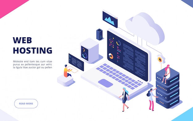 Concept D'hébergement Web. Cloud Computing Technologie De Base De Données En Ligne Sécurité Ordinateur Web Data Center Serveur Isométrique Landing Page