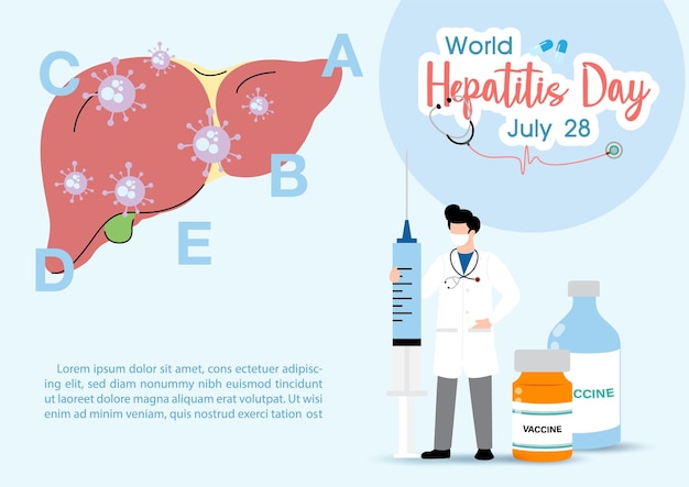 Concept de l'hépatite A B C D et affiche de la campagne de la journée mondiale de l' hépatite avec des médecins traitant le foie dans un style plat et une conception vectorielle de bannière