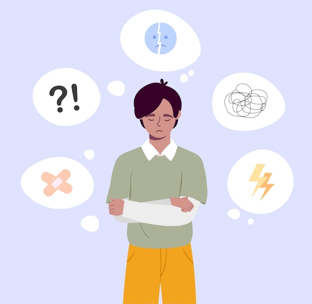 Concept d'homme triste Frustration et dépression émotions négatives Mauvaise humeur et sentiments Jeune homme avec des problèmes mentaux et un trouble de maladie psychologique Illustration à vecteur plat de dessin animé
