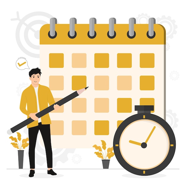 Concept d'horaire de planification vectoriel plat remplissant l'horaire sur un calendrier géant de planification du travail