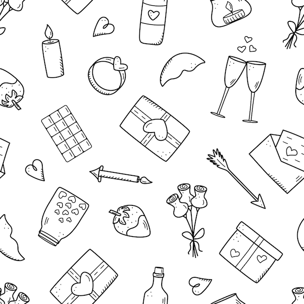 Concept D'icônes De Modèle Sans Couture De La Saint-valentin. Vector Doodle Accessoires Romantiques Bougies Coeurs Bague Bouteille Et Verres De Vin, Lèvres Cadeau Chocolat Fraise.