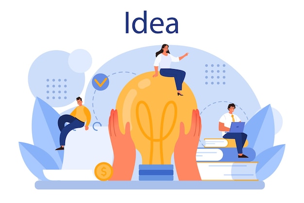 Concept d'idée Innovation créative ou génération de solutions commerciales Inspiration et imagination dans un remue-méninges Ampoule comme métaphore Illustration vectorielle plane isolée