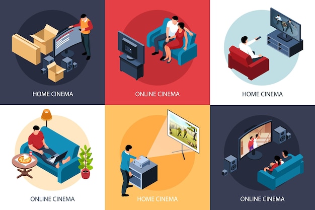 Concept D'illustration De Cinéma En Ligne Isométrique Ensemble De Compositions Avec Des Personnes Appréciant De Regarder Un Film à La Maison