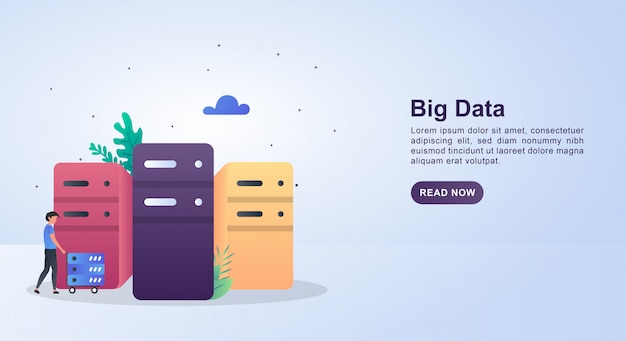 Concept D'illustration De Données Volumineuses Avec La Personne Qui Pousse Le Serveur.