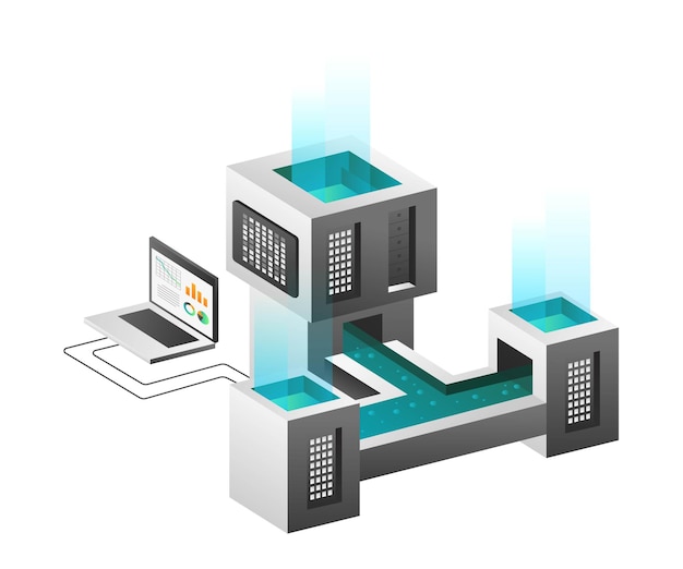 Concept D'illustration Isométrique Flux D'analyse De Données De Serveur Réseau