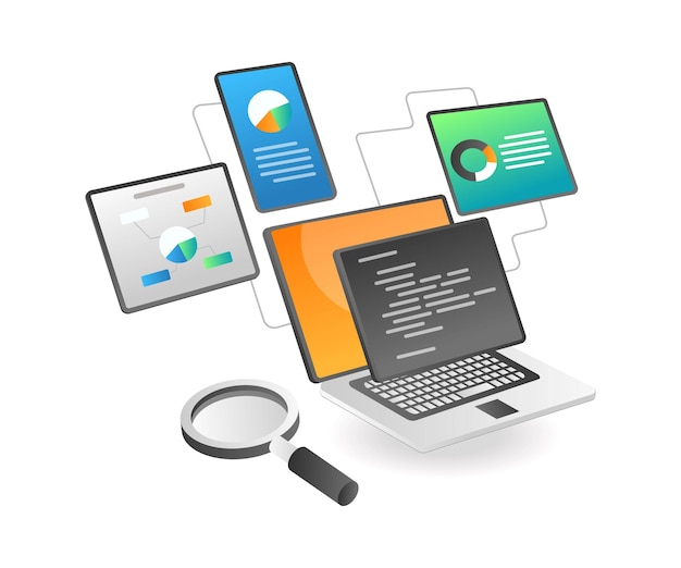 Concept d'illustration isométrique Outils d'analyse de données réseau
