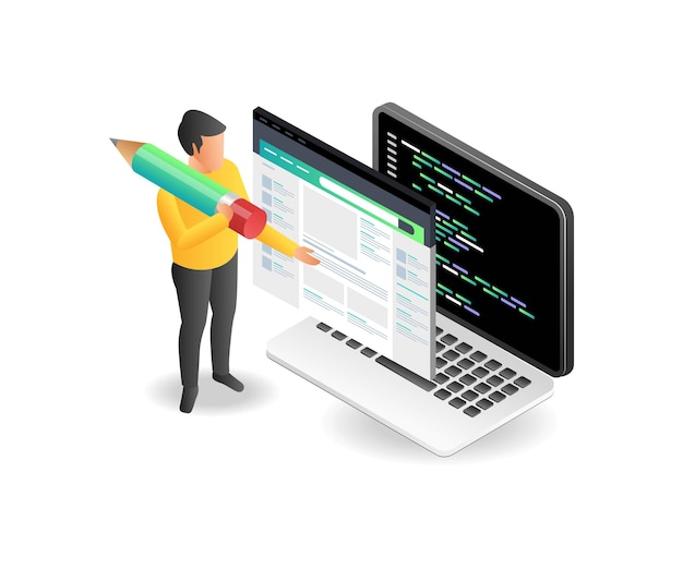 Concept d'illustration isométrique à plat de l'homme créant une page de blog en langage de programmation