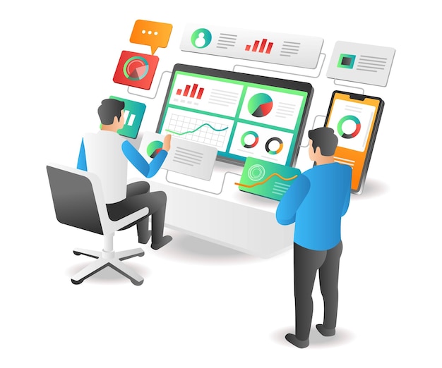 Concept D'illustration Isométrique Réseau De Données D'analyse D'équipe