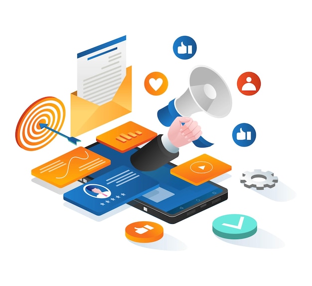 Concept d'illustration isométrique de stratégie de marketing social numérique