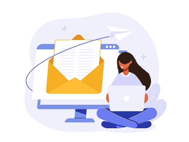 Vecteur concept d'illustration de marketing par e-mail une femme est assise sur un ordinateur et travaille sur un ordinateur
