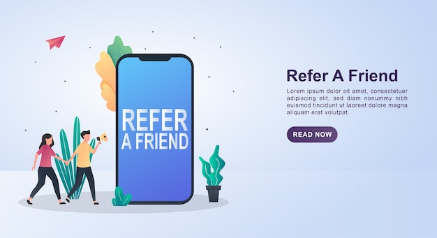 Concept D'illustration De Référer Un Ami Avec La Personne Tenant Le Mégaphone.