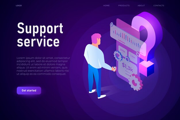Concept d'illustration de service de soutien. L'homme interagit avec l'écran du cloud FAQ. Grand point d'interrogation isométrique