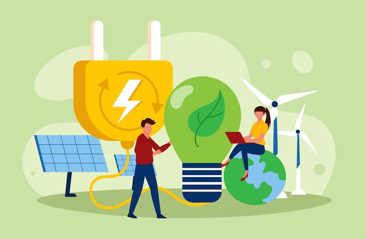 Concept d'illustration vectorielle d'énergie renouvelable Centrale électrique renouvelable avec panneaux solaires et