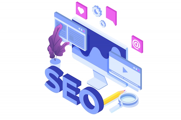 Concept d'illustration Web SEO optimisation isométrique. Modèle de page de destination. Autocollant pour bannière Web, page Web, bannière, présentation, médias sociaux, documents, cartes, affiches.