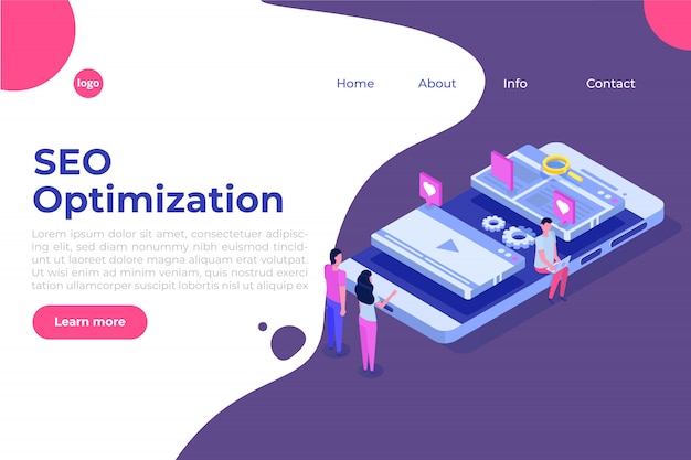 Concept d'illustration Web SEO optimisation isométrique. Modèle de page de destination. Autocollant pour bannière Web, page Web, bannière, présentation, médias sociaux, documents, cartes, affiches.
