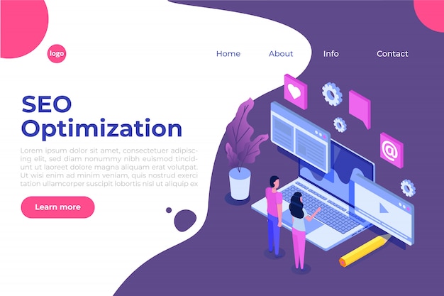 Concept d'illustration Web SEO optimisation isométrique. Modèle de page de destination. Autocollant pour bannière Web, page Web, bannière, présentation, médias sociaux, documents, cartes, affiches.