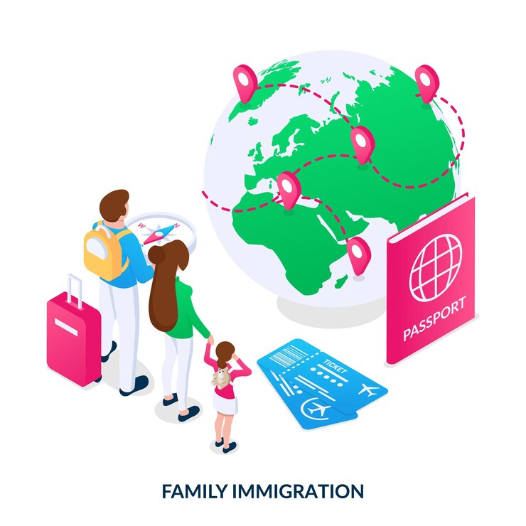 Concept d'immigration familiale Une jeune famille de maman papa et enfant décide où déménager Illustration vectorielle isométrique sur fond blanc