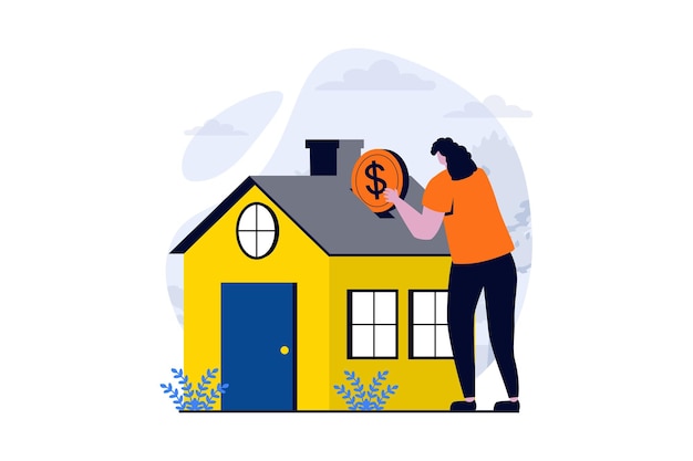 Concept Immobilier Avec Scène De Personnes En Dessin Animé Plat Femme Investit De L'argent Dans L'achat D'une Maison Privée Et Pour Déménager Ou Rembourser Une Hypothèque En Banque Histoire Visuelle D'illustration Vectorielle Pour Le Web