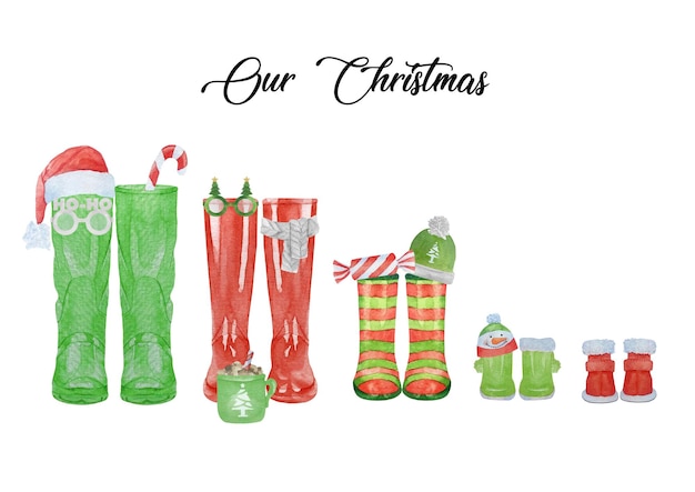 Concept d'impression familiale de Noël avec des bottes en caoutchouc aquarelle pour cinq bottes de pluie rouges et vertes