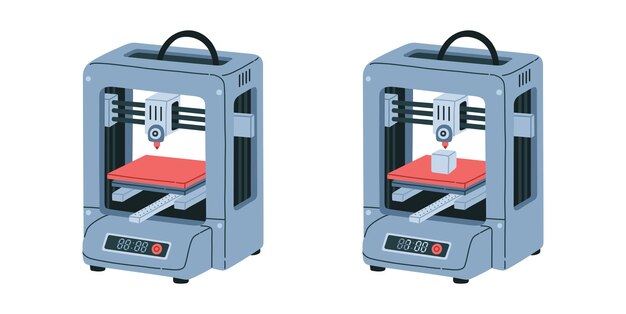Vecteur concept d'imprimante 3d la machine fabrique des objets en volume polymère des symboles abstraits en plastique fabriqués par une imprimante 3d