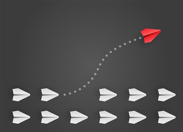 Concept d'individualité. L'avion en papier rouge de chef individuel et unique vole sur le côté. illustration